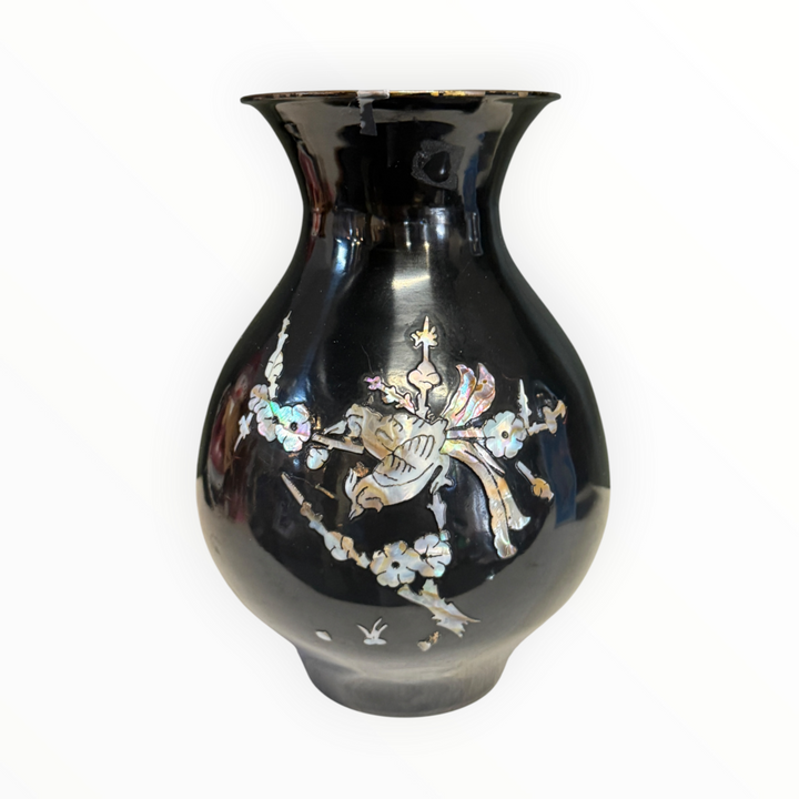 Black Decorative Metal Vase with Floral Inlay