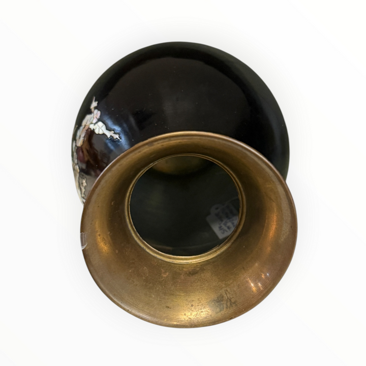 Black Decorative Metal Vase with Floral Inlay
