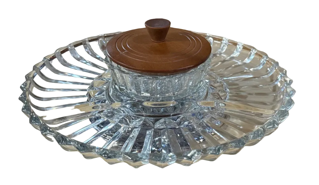 Indiana Glass Divided Relish Tray with Glass Dip Bowl and Wooden Lid