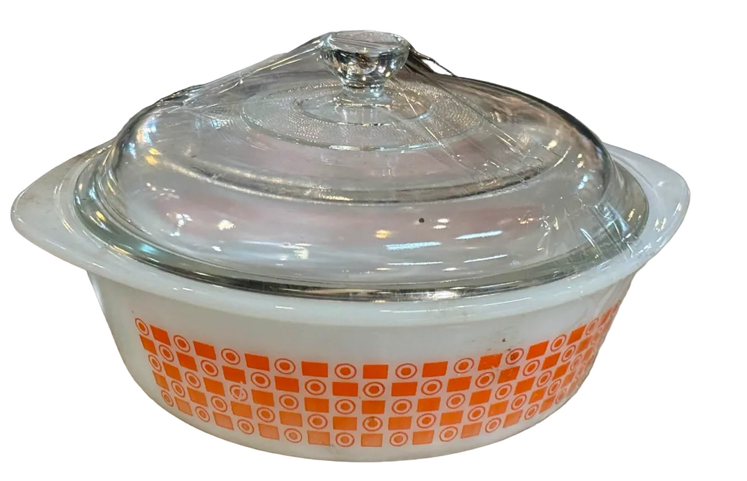 Glasbake 2-quart Round Milk Glass Casserole featuring the "Scandia" Pattern