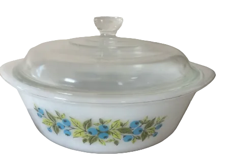 Glasbake Milk Glass Casserole Blueberry and Green Leaf