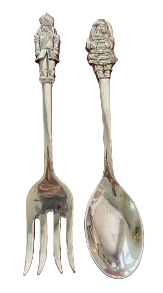 Silverplated Salad Serving Set Fork Spoon Christmas Themed