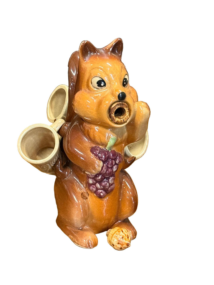 Vintage 1950s Ceramic Squirrel Decanter with Small Woodland Mugs