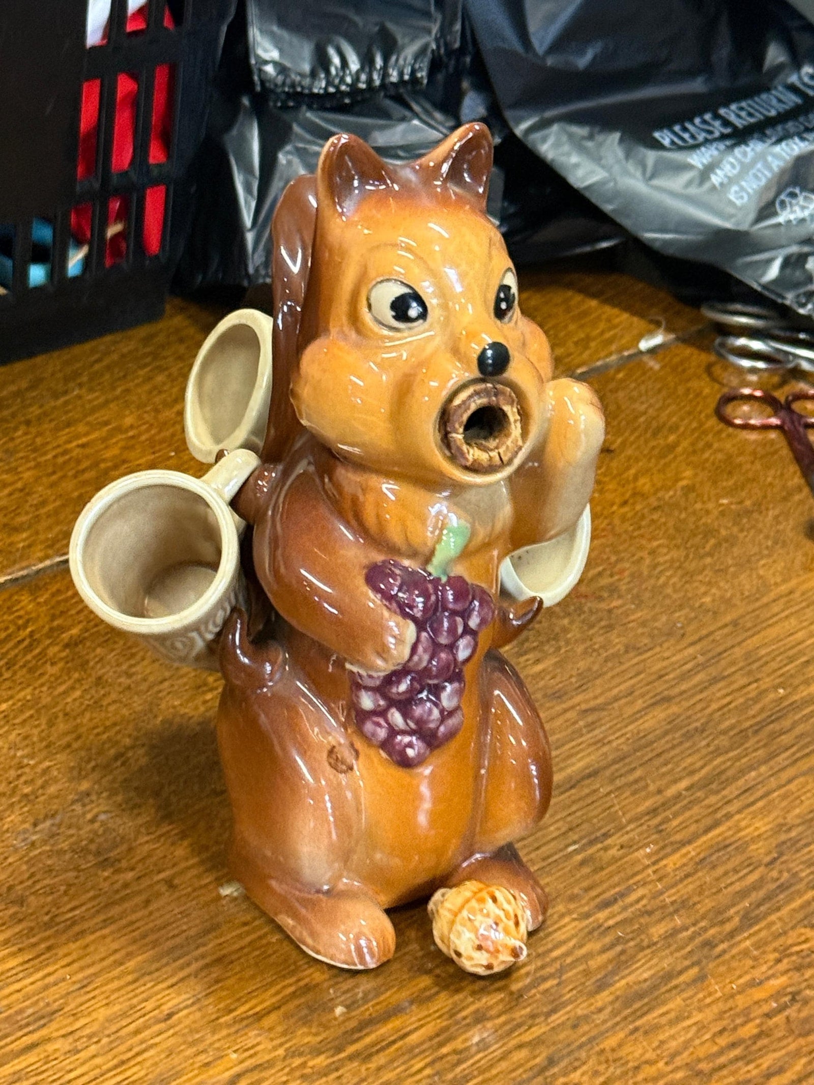 Vintage 1950s Ceramic Squirrel Decanter with Small Woodland Mugs