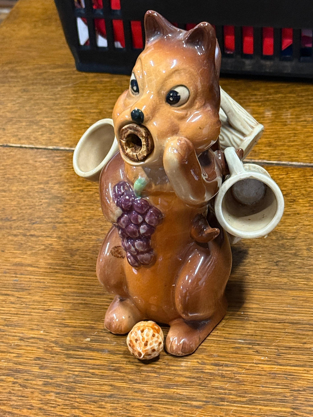 Vintage 1950s Ceramic Squirrel Decanter with Small Woodland Mugs