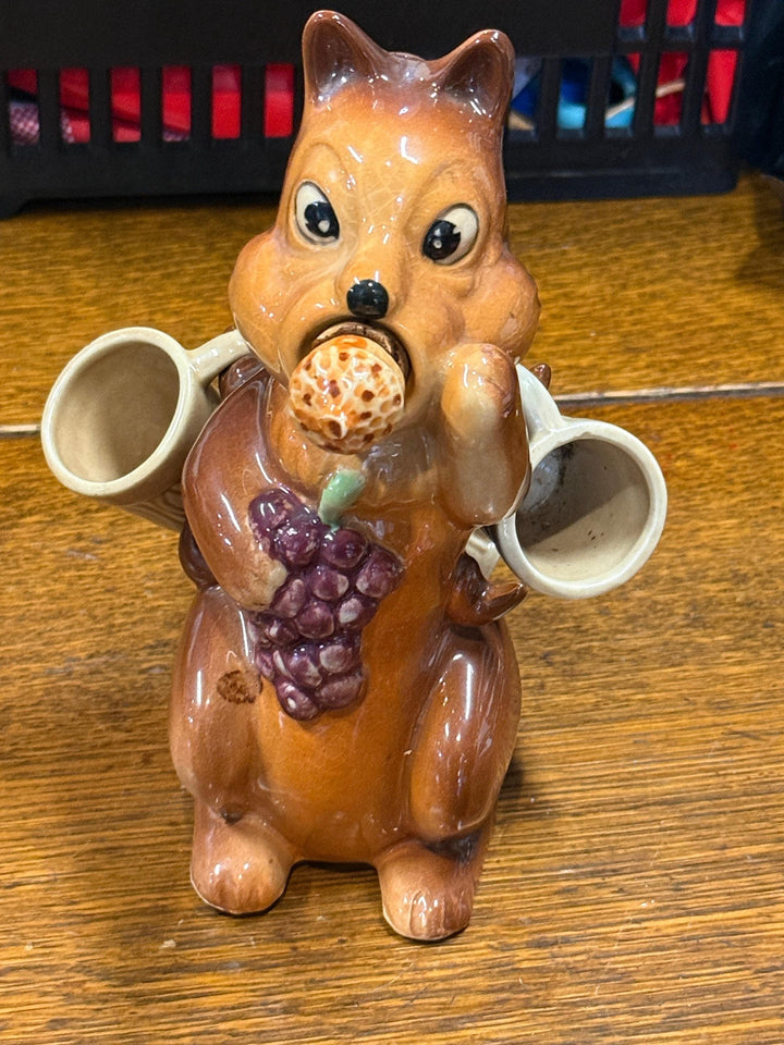 Vintage 1950s Ceramic Squirrel Decanter with Small Woodland Mugs