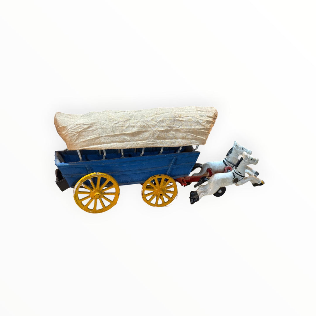 Vintage Cast Iron Covered Wagon-Blue Pulled By White Horses