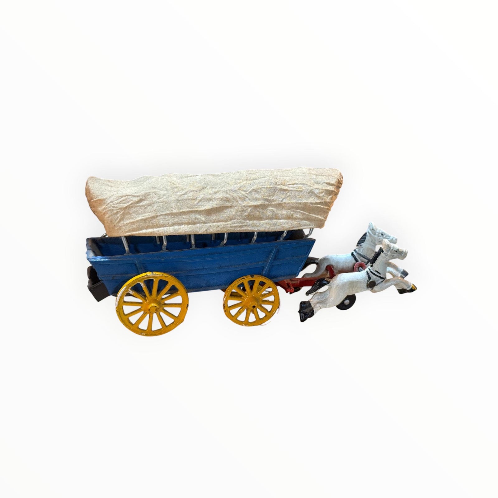 Vintage Cast Iron Covered Wagon-Blue Pulled By White Horses