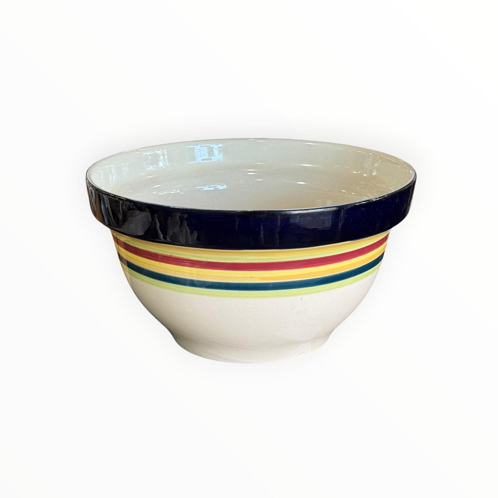 Large Stoneware Mixing Bowl Cream With Colored Stripes
