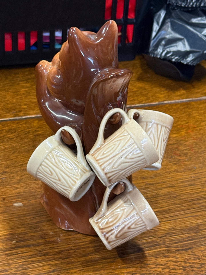 Vintage 1950s Ceramic Squirrel Decanter with Small Woodland Mugs