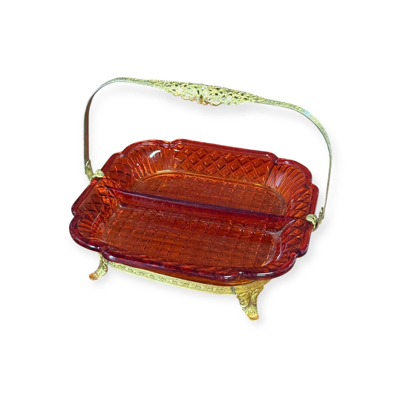 Small Divided Orange Art Deco Candy Dish