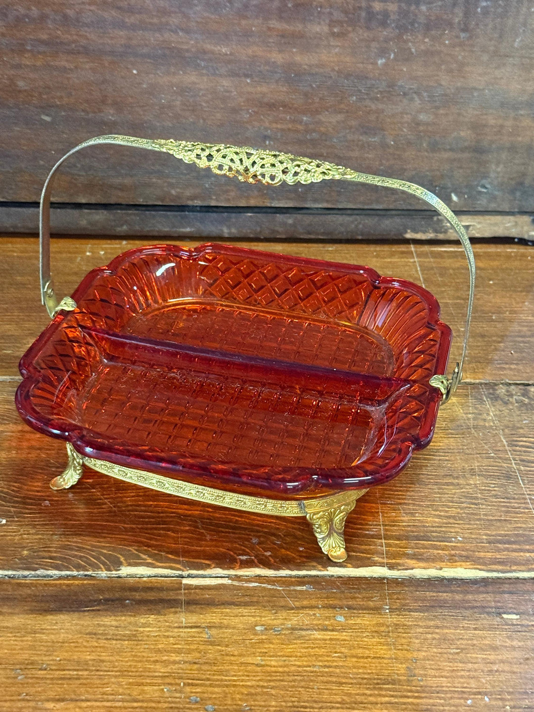 Small Divided Orange Art Deco Candy Dish