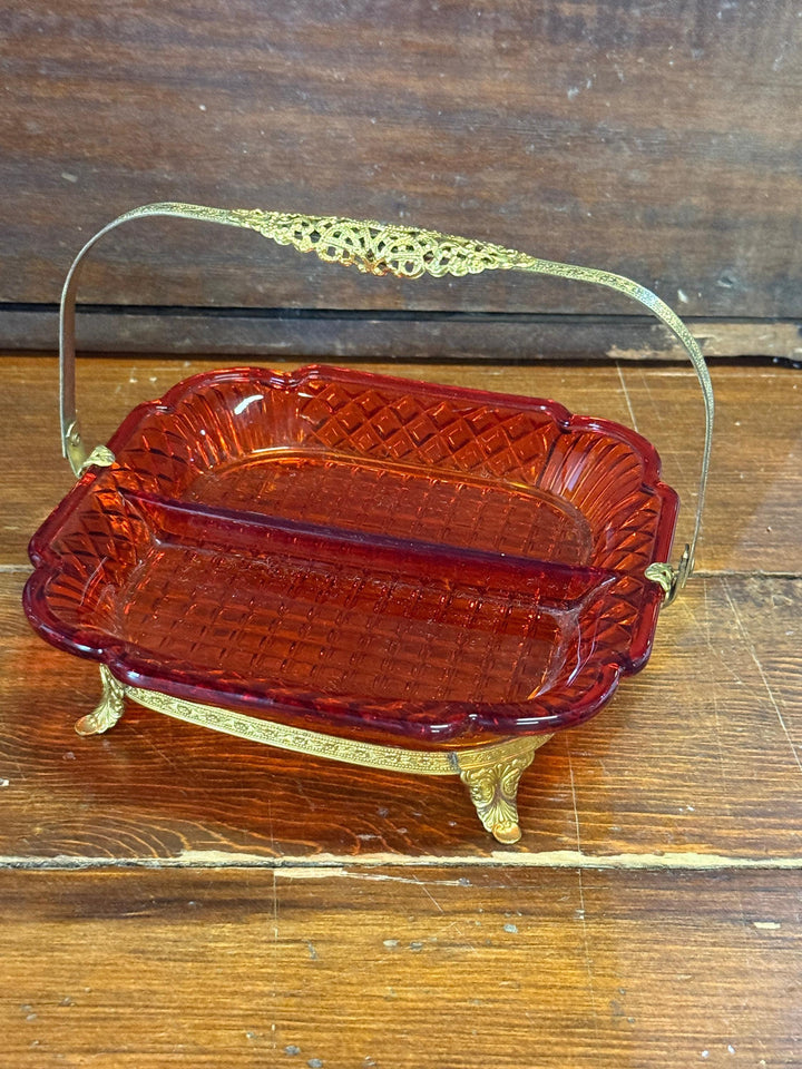 Small Divided Orange Art Deco Candy Dish