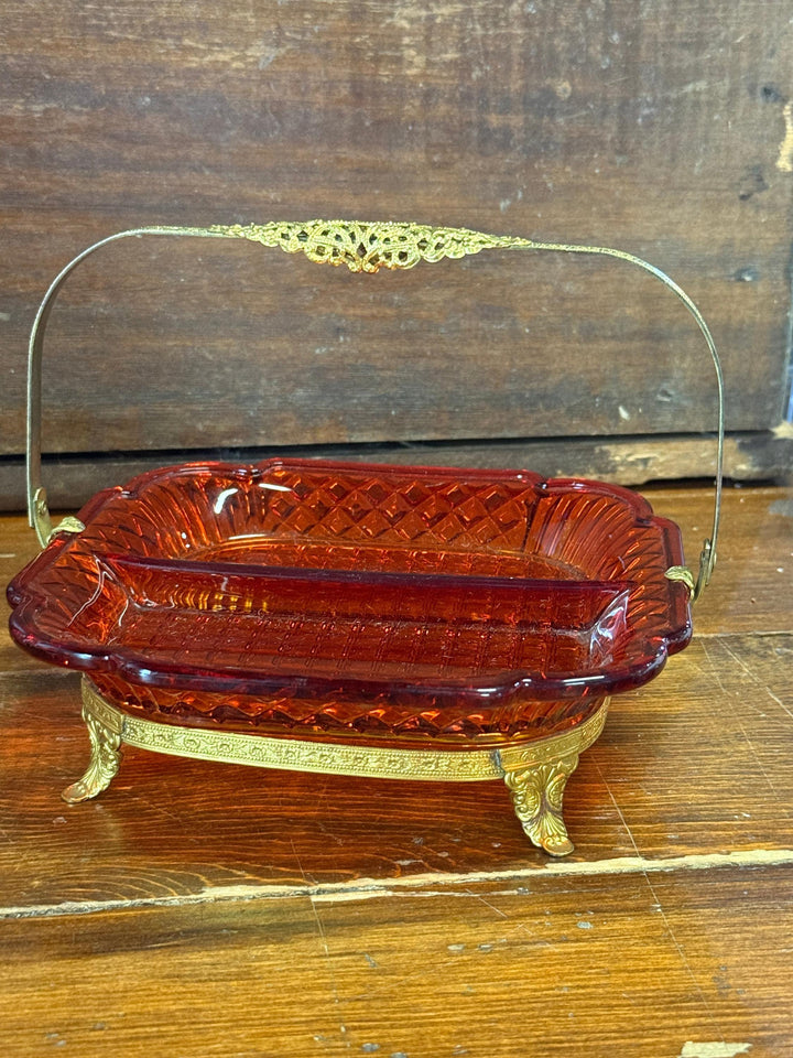Small Divided Orange Art Deco Candy Dish